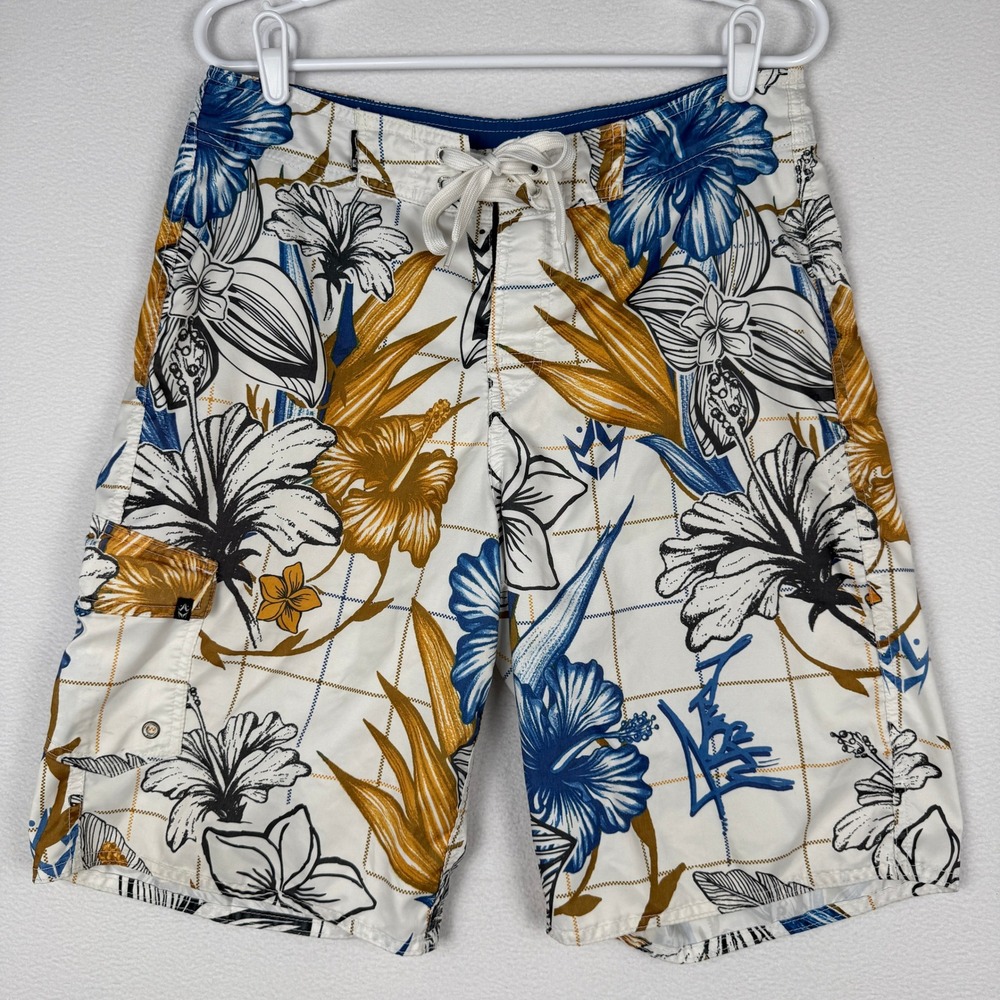 Rusty Board Shorts Mens 32 Y2K Hawaiian Floral Hibiscus Print Surf Swim Trunks